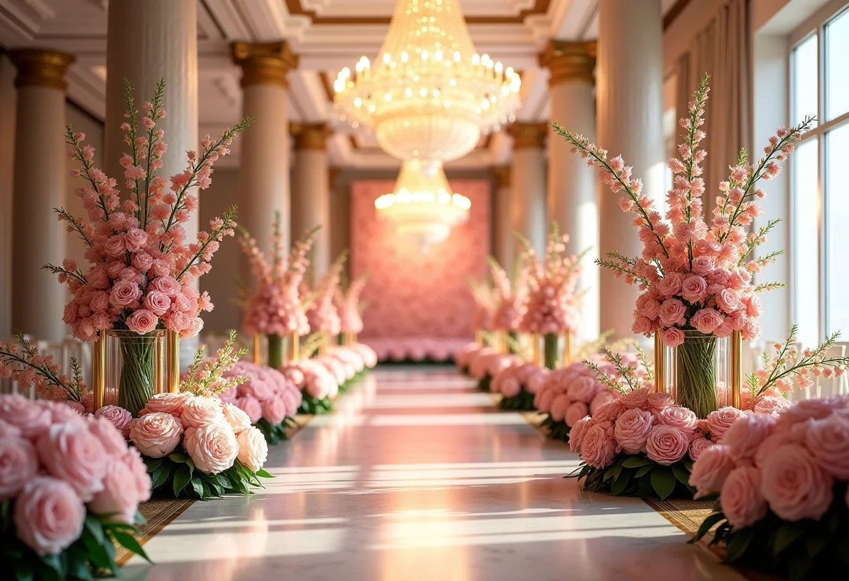 Salão de festas luxuoso com arranjos florais altos