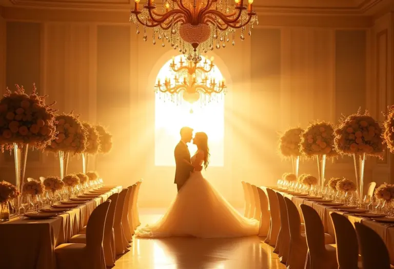 Salão de festas luxuoso com lustres de cristal e iluminação suave.