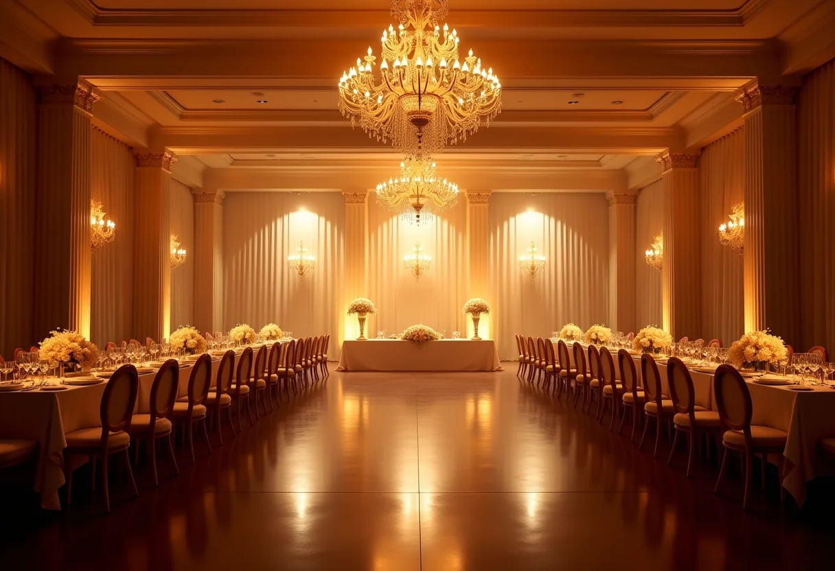 Salão de festas luxuoso com pista de dança iluminada para casamento.