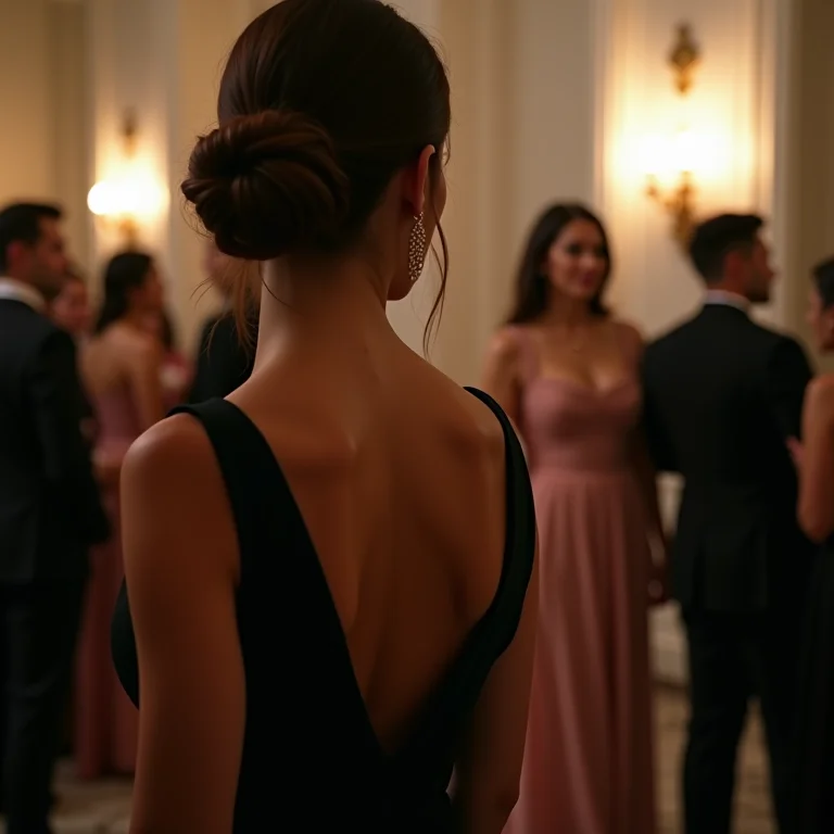 Segurança feminina observando convidados em um casamento de luxo.