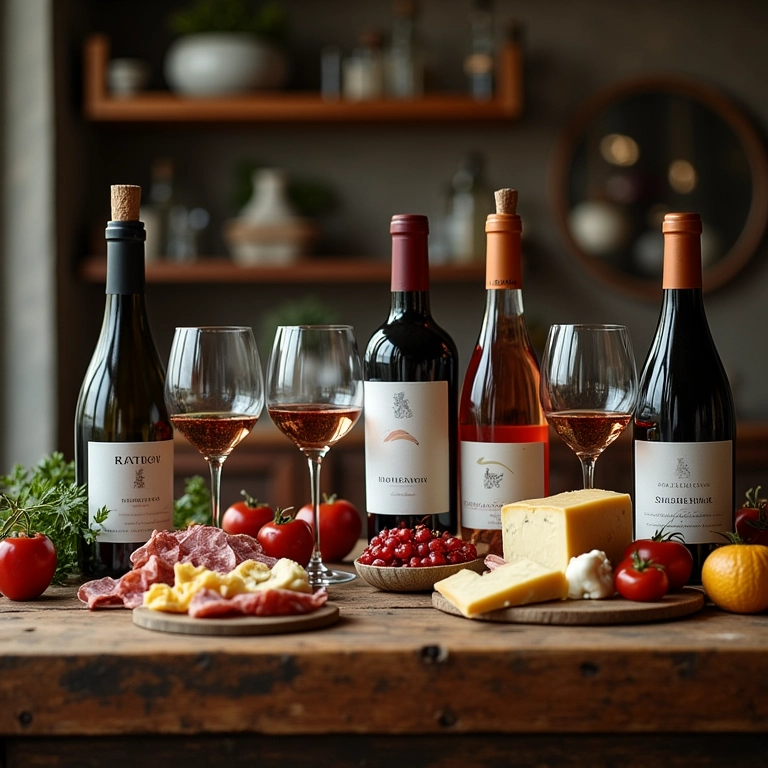 Seleção de vinhos finos com queijos e charcutaria.