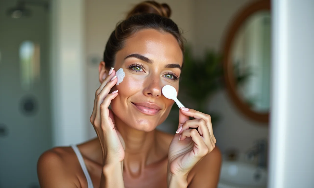 Senhora preparando a pele para a maquiagem com hidratante.