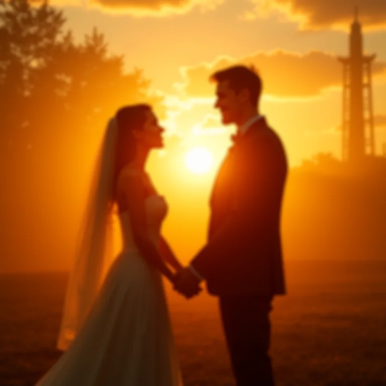 Silhueta dos noivos de mãos dadas durante a hora dourada após a cerimônia de casamento.