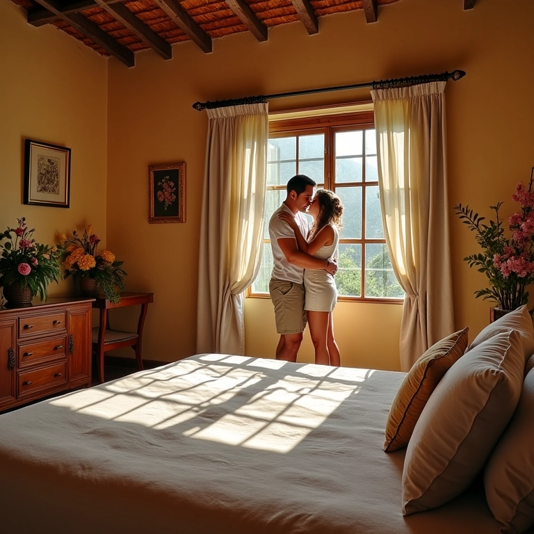 Suíte aconchegante para lua de mel em pousada charmosa no Brasil.