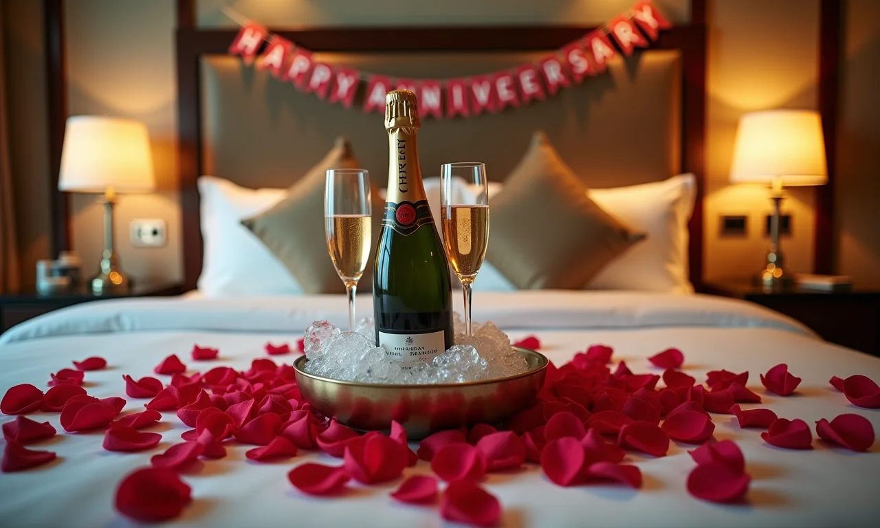 Suíte de hotel luxuosa com decoração romântica para surpresa de aniversário.