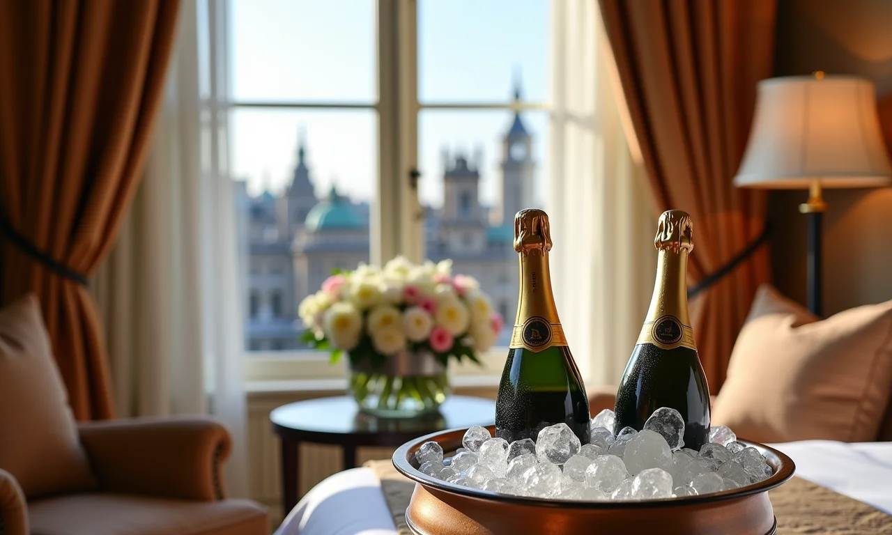 Suíte de hotel romântico em Londres com vista para a cidade, flores frescas e champanhe.
