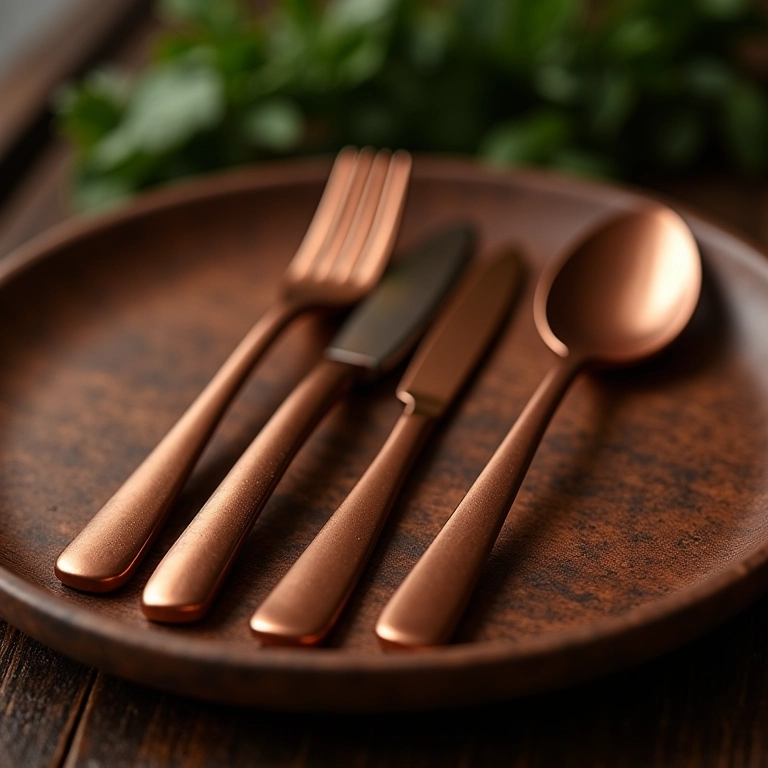 Talheres de cobre dispostos elegantemente em mesa de madeira rústica.