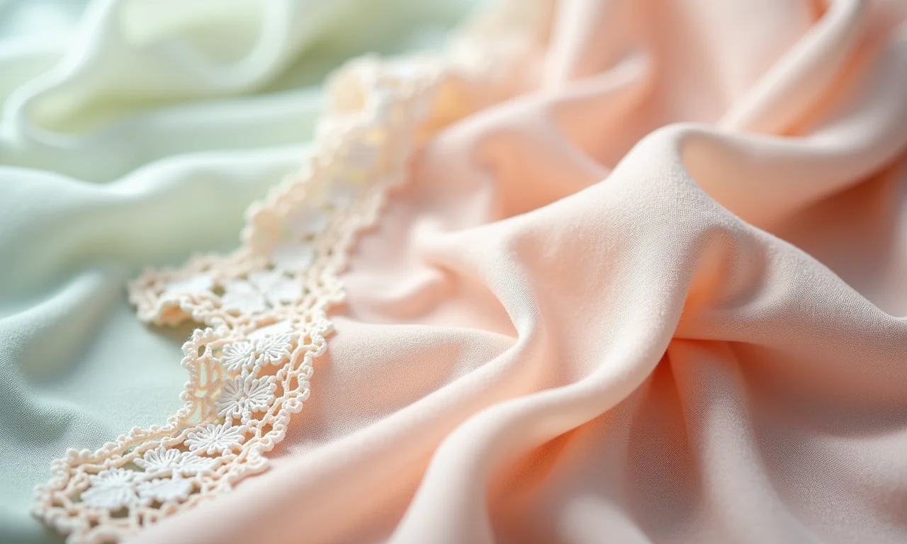 Tecidos e rendas vintage em close-up com cores pastel.
