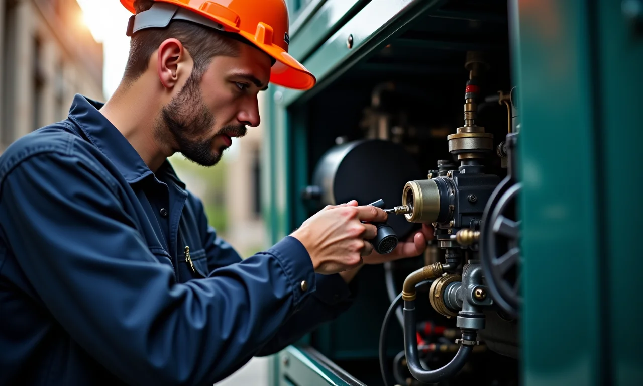 Técnico realizando a manutenção de um gerador, verificando os níveis de fluidos.