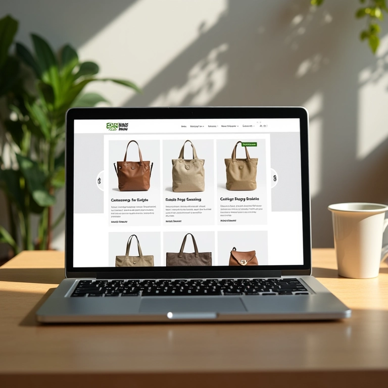 Tela de laptop mostrando site de empresa de personalização de ecobags.