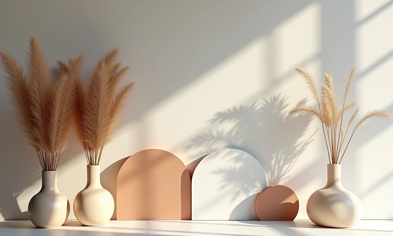 Tendências modernas de decoração de casamento: formas geométricas e capim dos pampas.