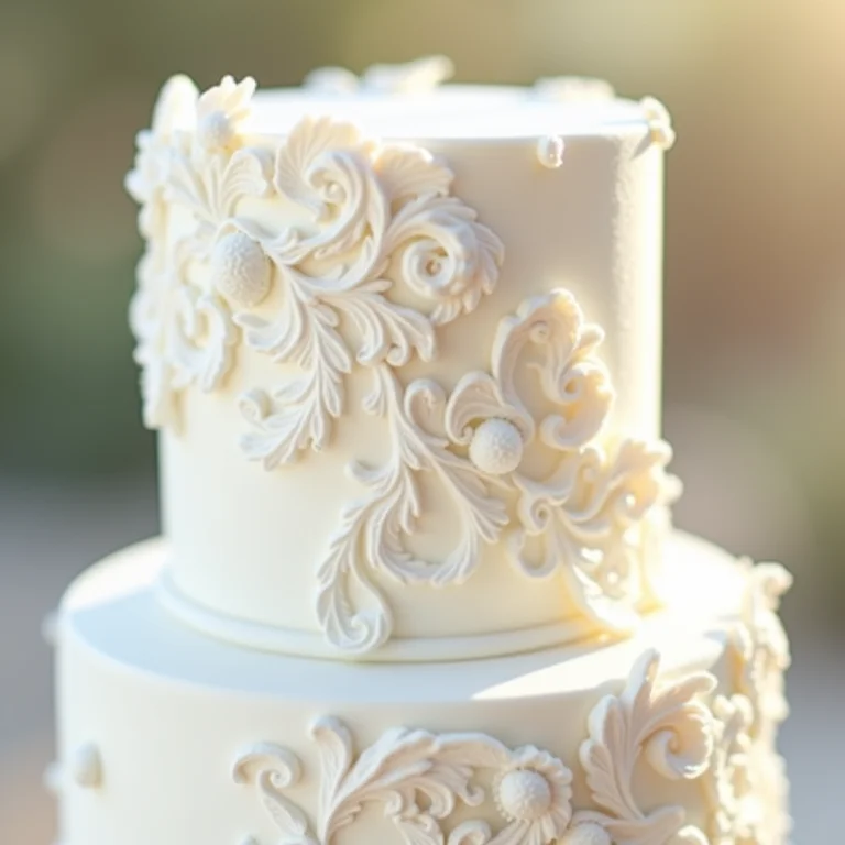 Textura de renda em bolo de casamento branco.