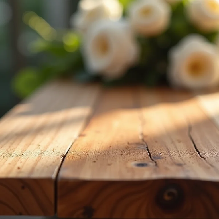 Textura de uma mesa retangular de madeira com arranjo floral minimalista.