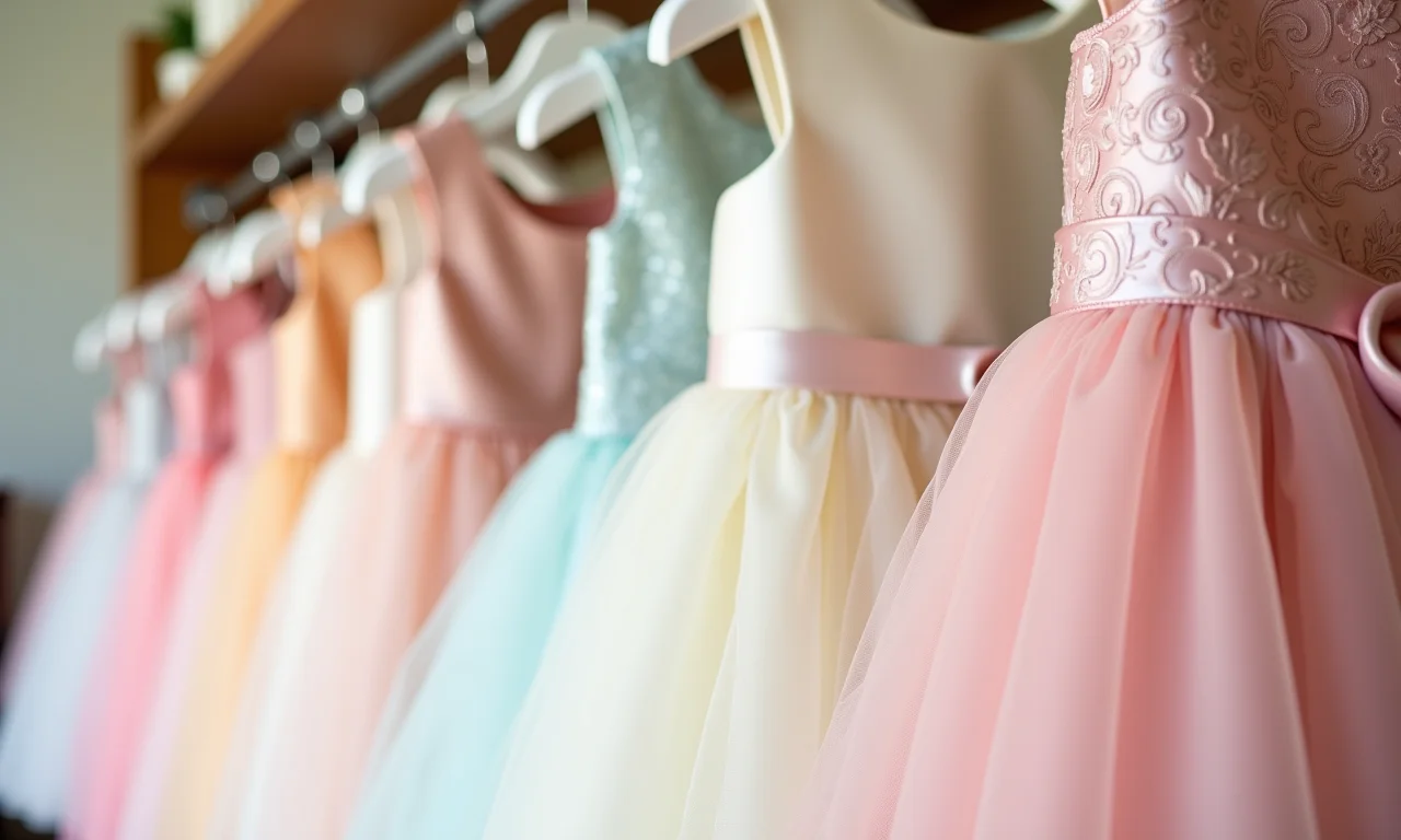 Trajes formais para crianças, vestidos e ternos em cores pastel.