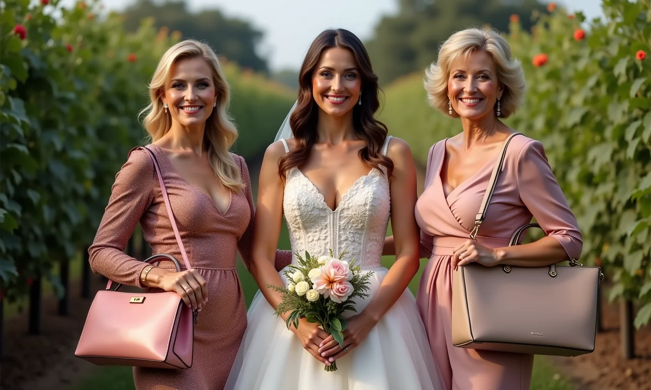 Três mães de noiva elegantes mostrando diferentes modelos de bolsas.