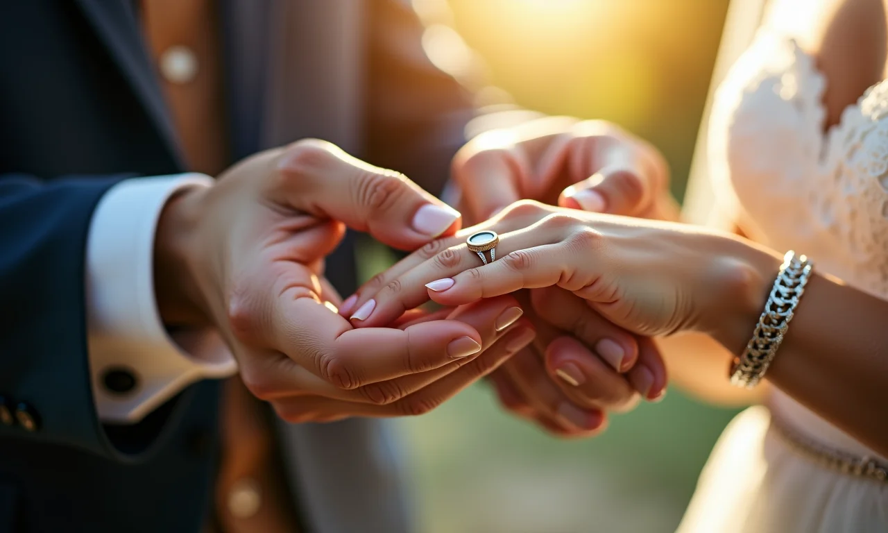 Troca de alianças em close-up com um cronômetro ao fundo.