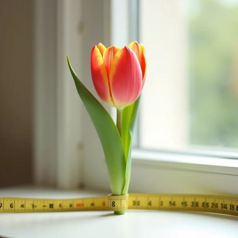 Tulipa ao lado de uma fita métrica, demonstrando o tamanho ideal da flor para o buquê.