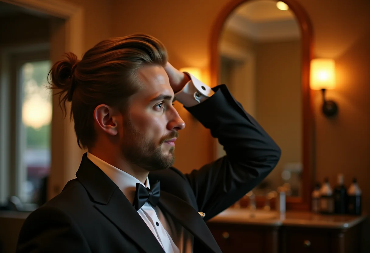 Um noivo sendo preparado em um salão de beleza sofisticado