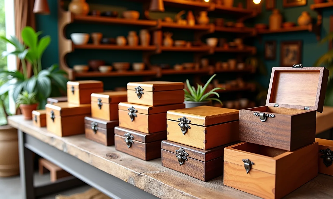 Variedade de caixas de madeira decorativas em loja de artesanato brasileira.