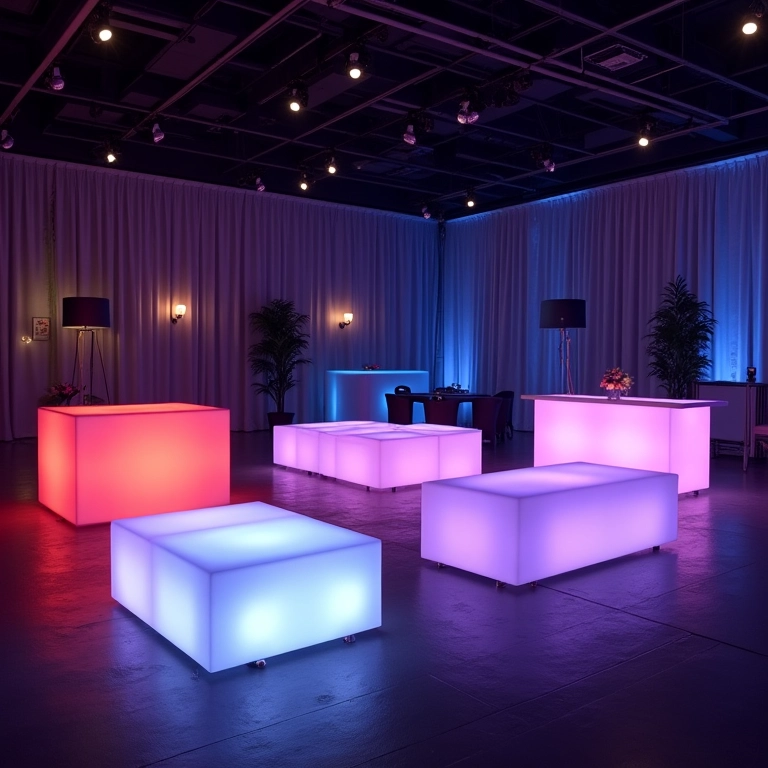 Variedade de móveis de LED para casamento.