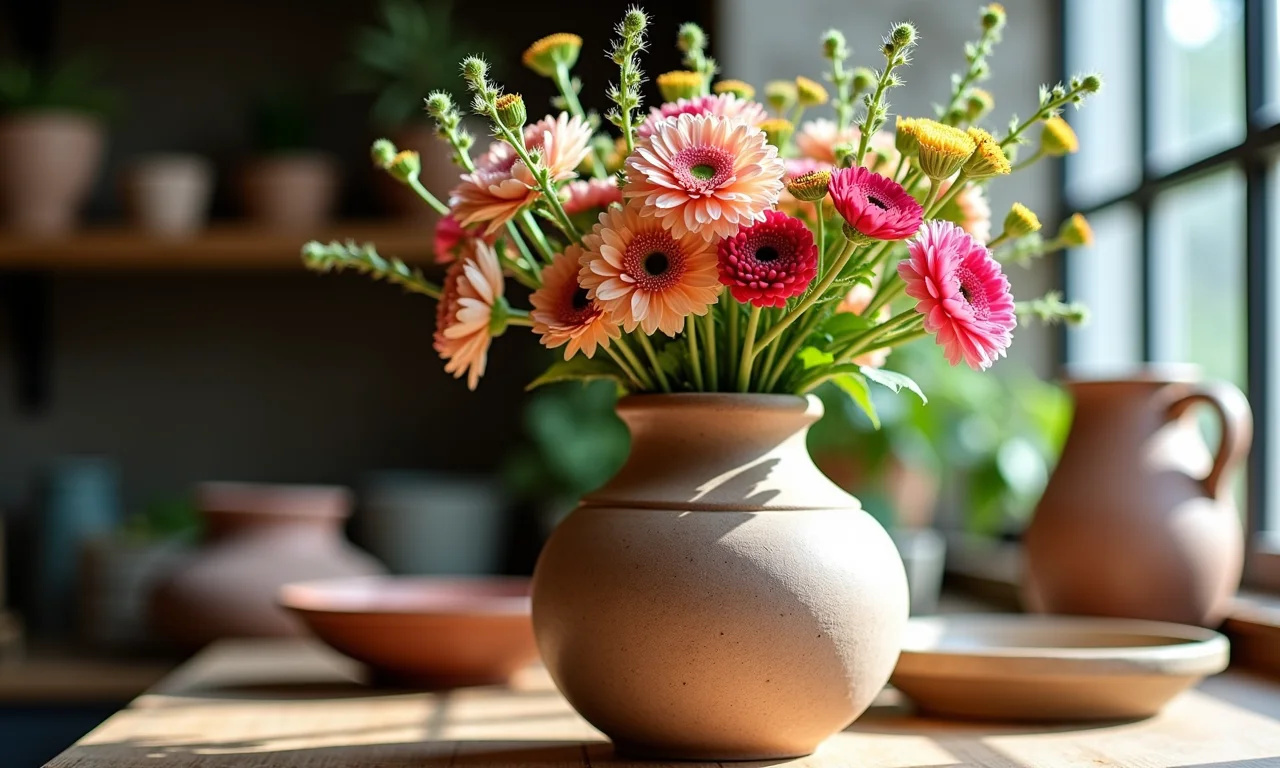 Vaso de cerâmica com flores, artesanato local, simbolizando bodas de cerâmica.