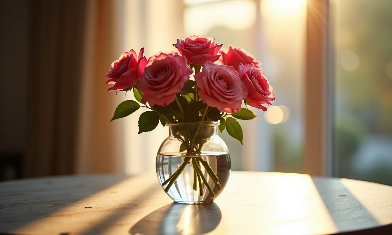 Vaso de cristal com rosas, refratando luz, simbolizando bodas de cristal.