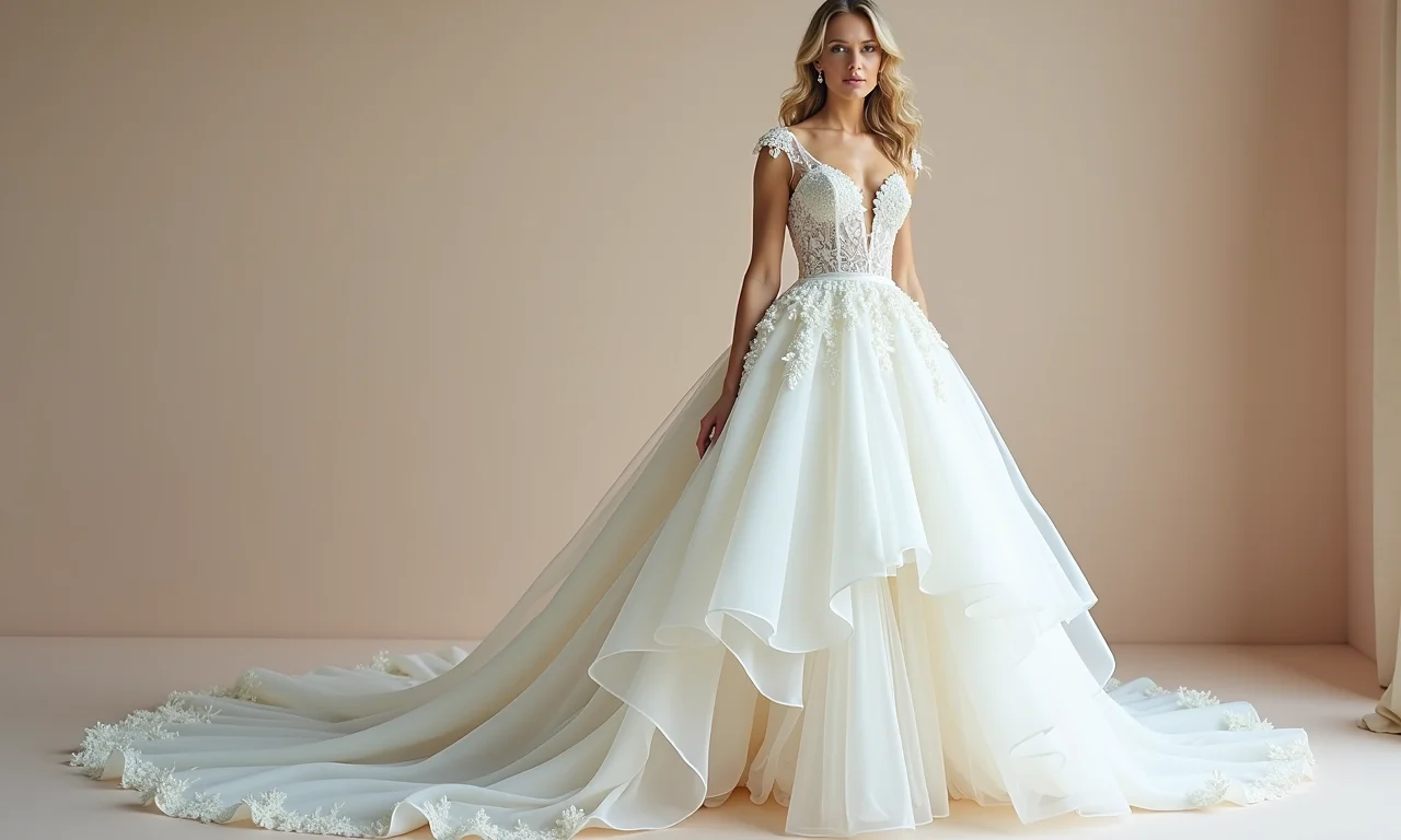 Vestido de noiva princesa com saia assimétrica e detalhes florais.