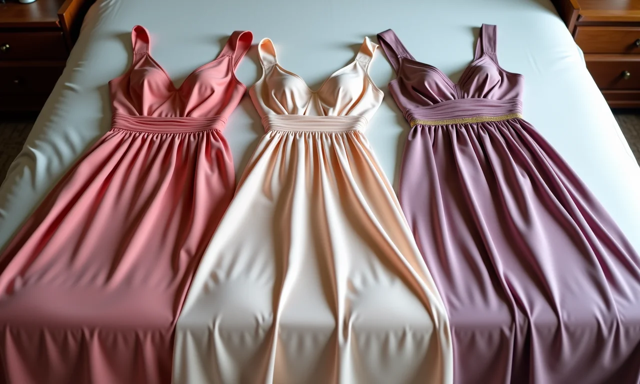 Vestidos de daminhas em uma cama, mostrando variedade de estilos.