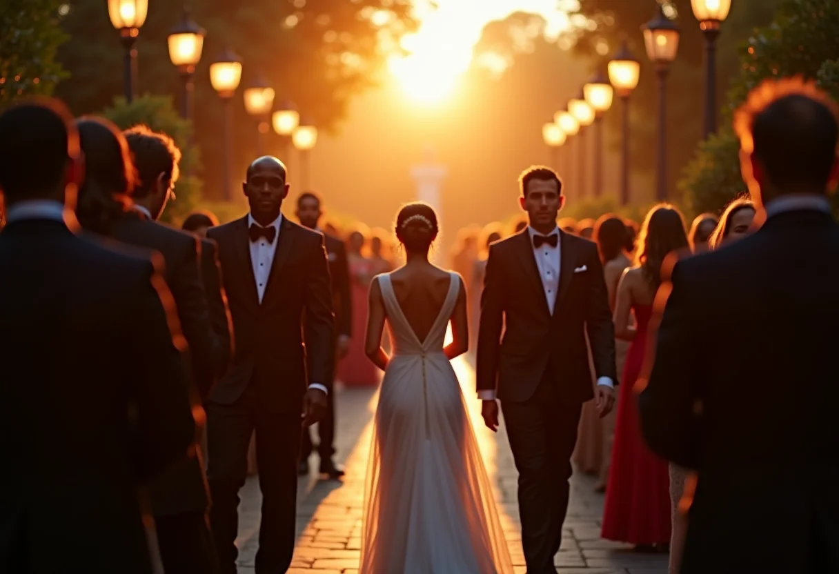 Visão ampla de um casamento luxuoso com foco na segurança discreta