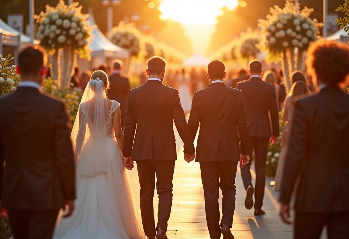 Visão geral da atmosfera vibrante de uma feira de noivas de luxo.