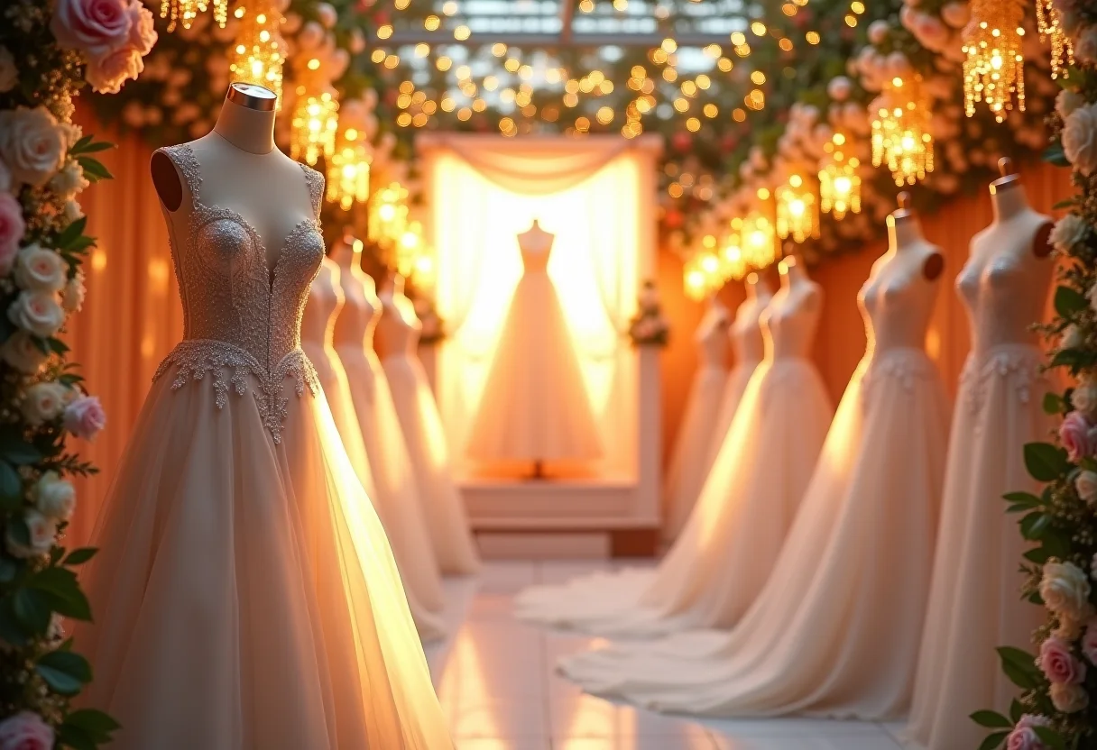 Visão geral da feira de noivas com diversos stands e displays elegantes.