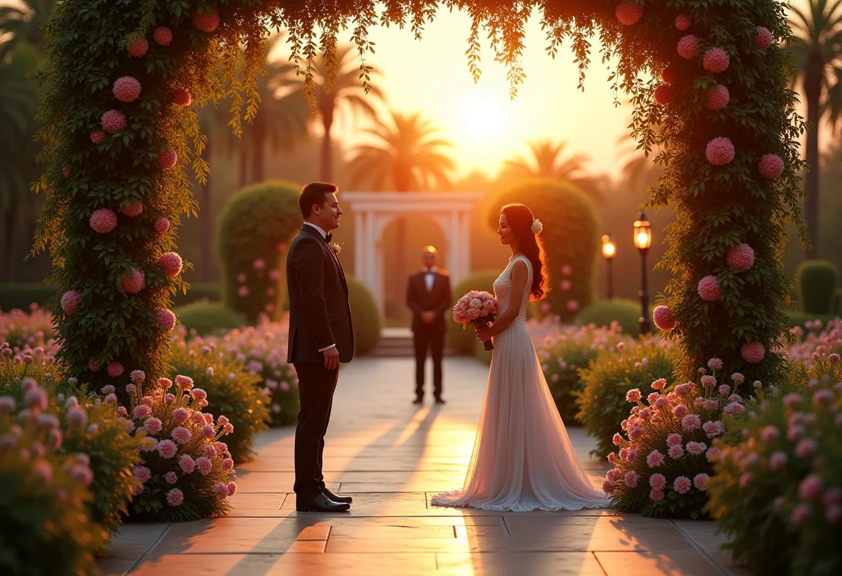 Visão panorâmica de um casamento luxuoso com segurança discreta ao entardecer.